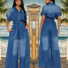 Summer Wide Leg Jumpsuit for Women Turn-Down Collar Lace-Up Casual