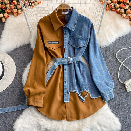 Korean Denim Shirt Dress for Women Slim Fit Corduroy Lapel Fall Style