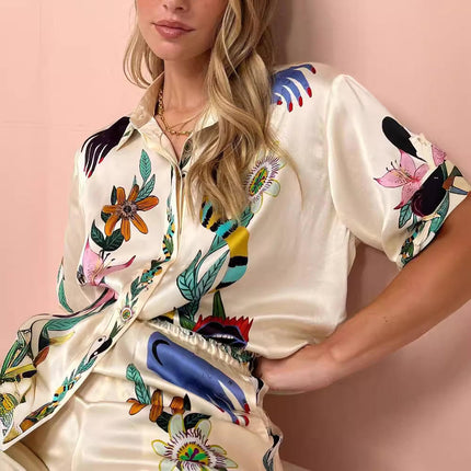 Women's Satin Printed Two Piece Shirt and Wide Leg Trousers Casual Fashion Suit