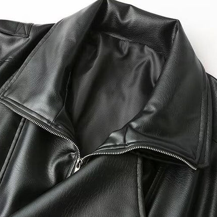 Women's Long Sleeve Zipper Lapel Leather Motorcycle Jacket Autumn Winter Casual Coat