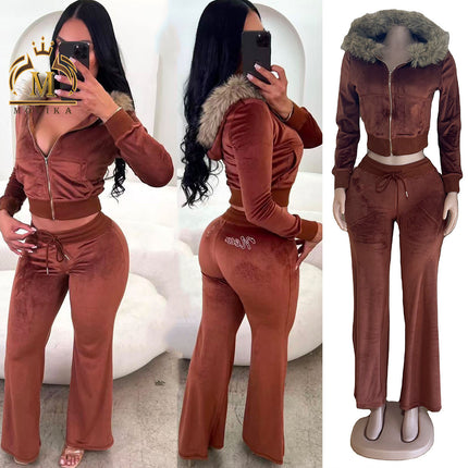 Winter Women Fur Patchwork Hooded Crop Jacket & Pants 2 Piece Set