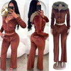 Winter Women Fur Patchwork Hooded Crop Jacket & Pants 2 Piece Set