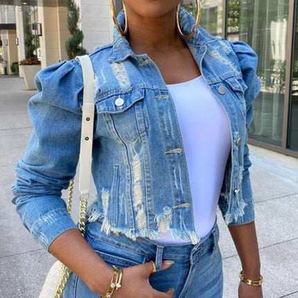 Women Ripped Denim Jacket Puff Sleeve Single Breasted Autumn Coat