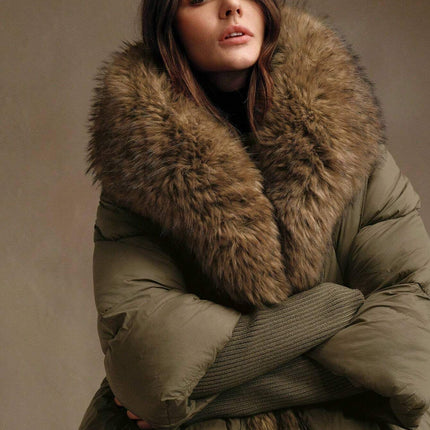 Women Oversized Hooded Winter Down Jacket Padded Coat with Fur Collar