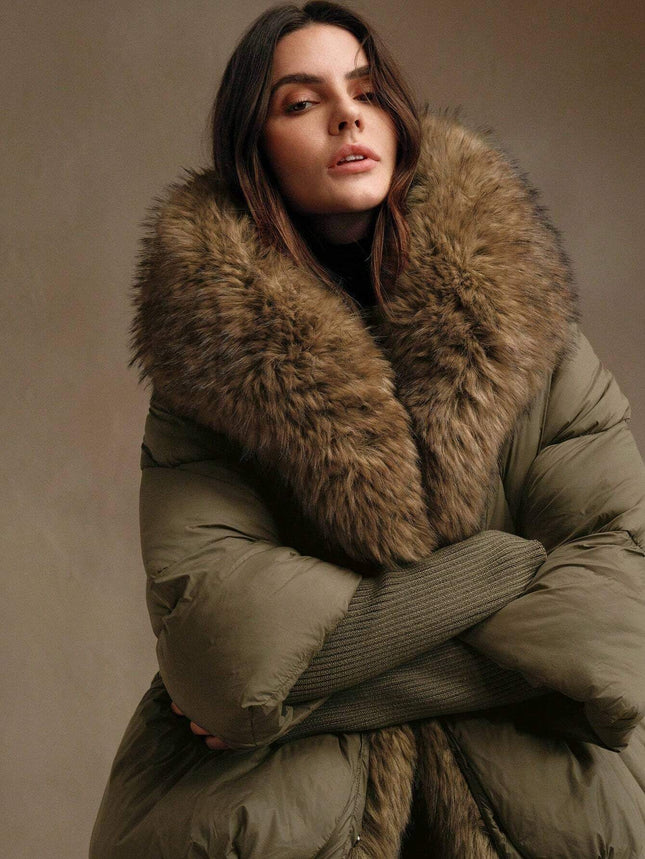 Women Oversized Hooded Winter Down Jacket Padded Coat with Fur Collar