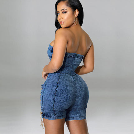 High Quality Strapless Denim Jumpsuit for Women with Chain Detail