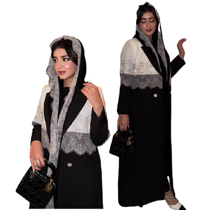Modest Open Abaya for Women | Lace Cardigan Dubai Robe with Scarf