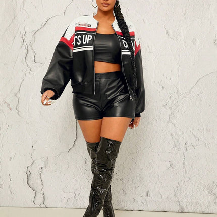 Women’s Colorblock Suede Motorcycle Jacket with Letter Graphic
