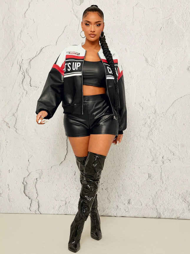 Women’s Colorblock Suede Motorcycle Jacket with Letter Graphic