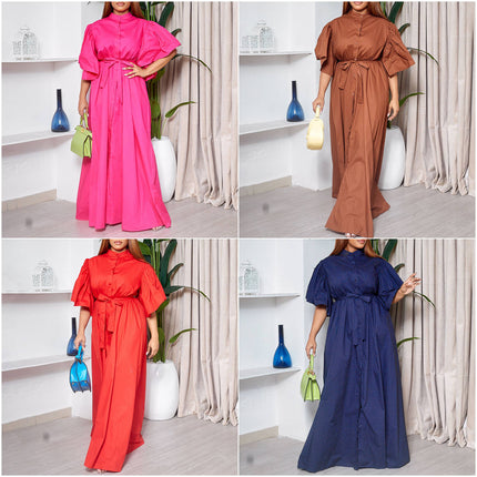 Women Casual Loose Maxi Dress with Flare Sleeves Button Front