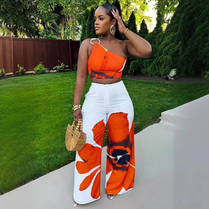 Women Summer Two Piece Set Single Shoulder Top Wide Leg Pants Outfit