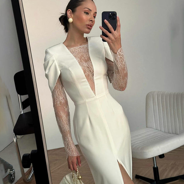 Women's Deep V Neck Lace Long Sleeve Winter Office Evening Slit Dress
