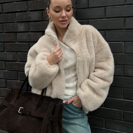 Women's Stand Collar Long Sleeve Short Faux Fur Winter Coat Jacket