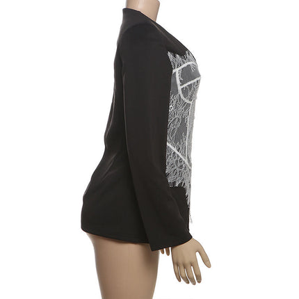 Women's V Neck Long Sleeve Lace Single Breasted Winter Office Blazer Jacket