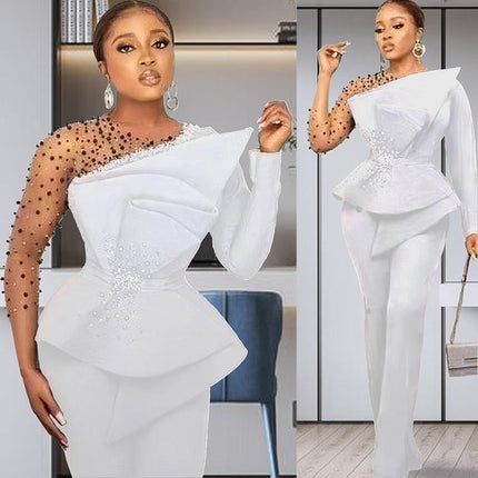 Women’s Rhinestone Mesh Top & Straight Pants Two-Piece Outfit Set