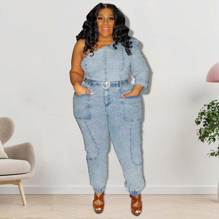 Plus Size One Shoulder Denim Set Women Light Blue Washed Jeans Outfit