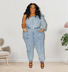 Plus Size One Shoulder Denim Set Women Light Blue Washed Jeans Outfit