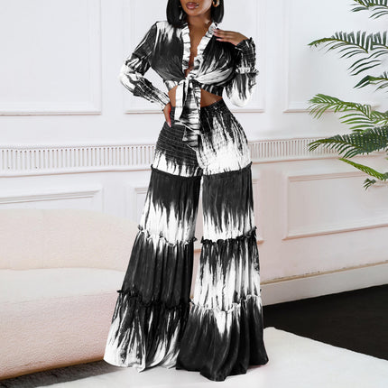 Trendy Printed Two Piece Set for Women Long Sleeve Top Wide Leg Pants