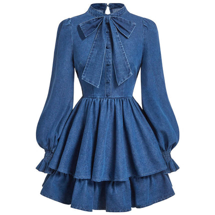 Women’s Denim Bow Dress Lantern Sleeve Slim Fit Casual Jeans Dress