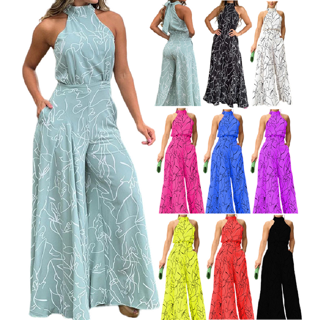 Women’s Summer Halter Neck Printed Jumpsuit Sleeveless Waist Fit One Piece