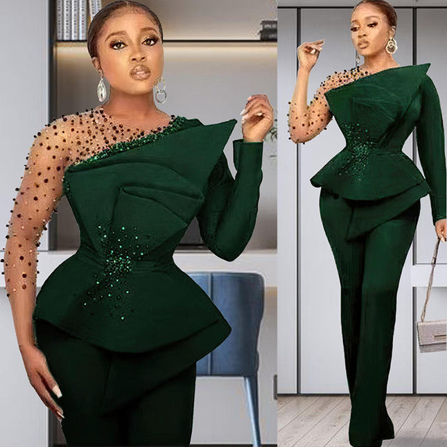 Women’s Rhinestone Mesh Top & Straight Pants Two-Piece Outfit Set