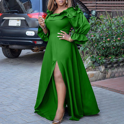 Plus Size African Autumn Dress Ruffle Long Sleeve Boat Neck Slit