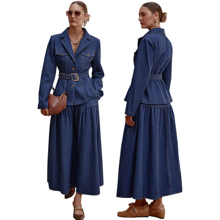 Women’s Denim Two Piece Set V Neck Jacket A Line Maxi Skirt with Belt