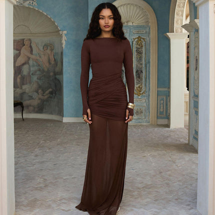 Women's Long Sleeve Backless Winter Slit Evening Party Dress Pleated Wrap Gown