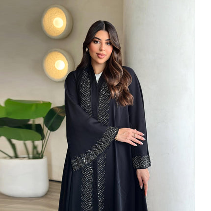 Black Open Abaya with Rhinestones | Modest Dubai Muslim Women's Robe