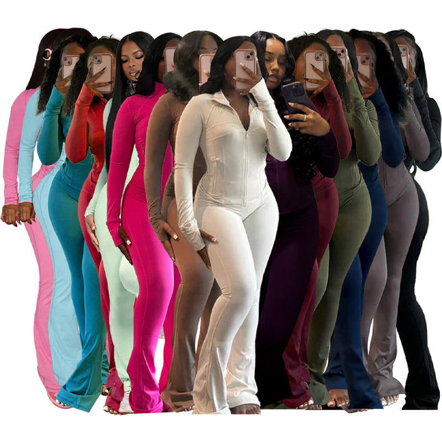Women Two Piece Tracksuit Long Sleeve Top and Micro Flare Pants Set