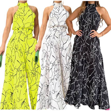 Printed Wide Leg Summer Jumpsuit for Women High Waist Halter Lace-Up