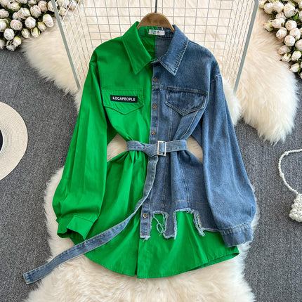 Korean Denim Shirt Dress for Women Slim Fit Corduroy Lapel Fall Style