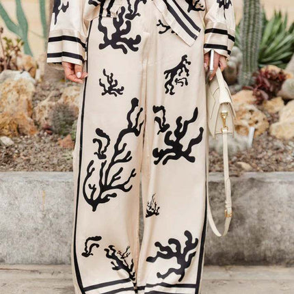 Women's Two Piece Long Sleeve Shirt and Wide Leg Pants Summer Casual Suit