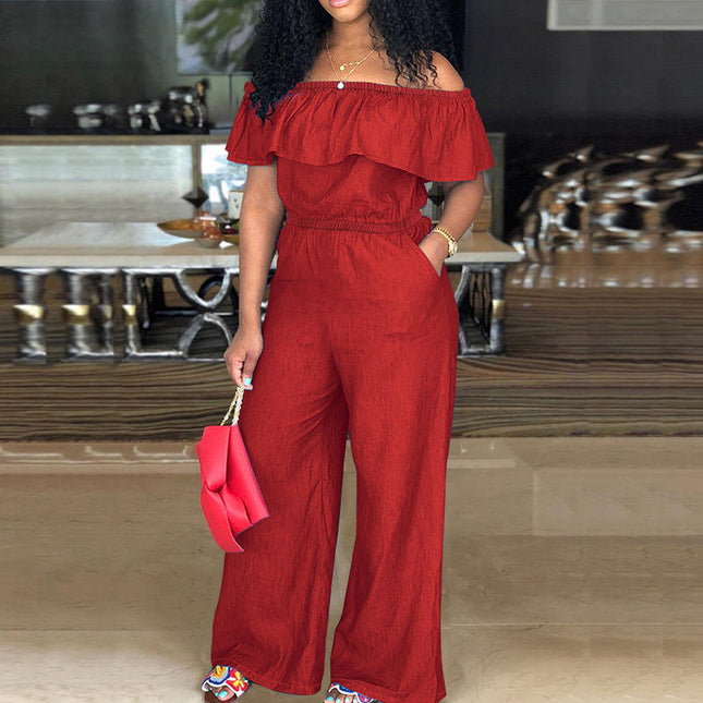 Plus Size Off Shoulder Denim Jumpsuit Ruffle One Piece Jeans for Women
