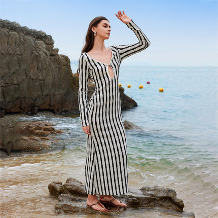 Women's Hollow Out Long Sleeve Knitted Slim Fit Summer Beach Party Midi Dress