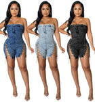 High Quality Strapless Denim Jumpsuit for Women with Chain Detail