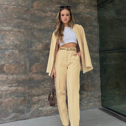 Women's One Button Solid Blazer and Casual Pants Autumn Winter Office Suit