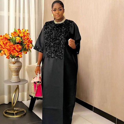 Luxury African Kaftan Dress for Women O-Neck Sequined Loose Abaya