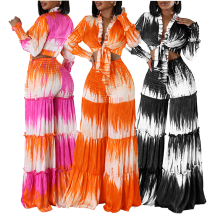 Trendy Printed Two Piece Set for Women Long Sleeve Top Wide Leg Pants