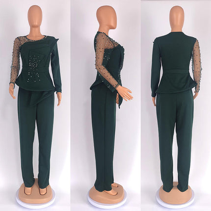 Women’s Rhinestone Mesh Top & Straight Pants Two-Piece Outfit Set
