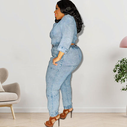 Plus Size One Shoulder Denim Set Women Light Blue Washed Jeans Outfit
