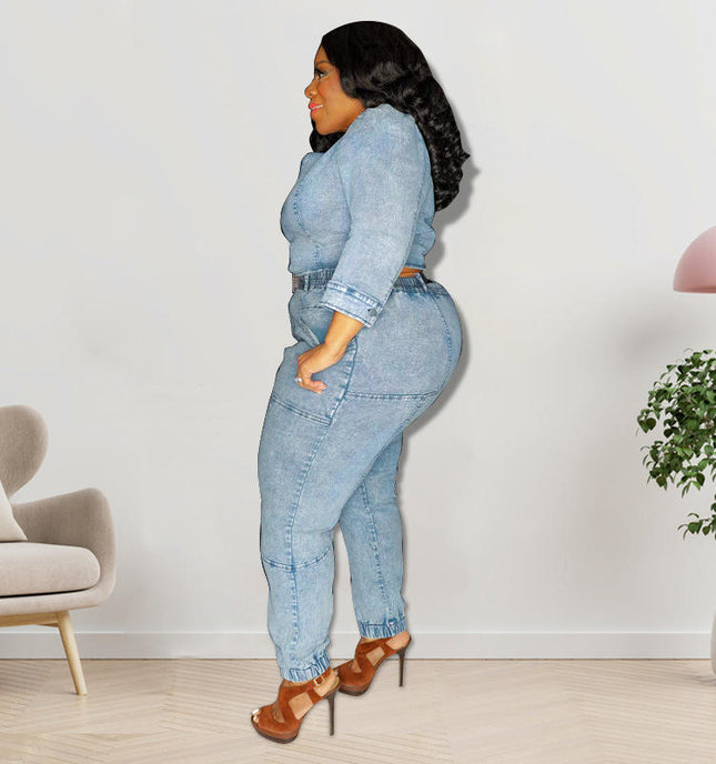 Plus Size One Shoulder Denim Set Women Light Blue Washed Jeans Outfit