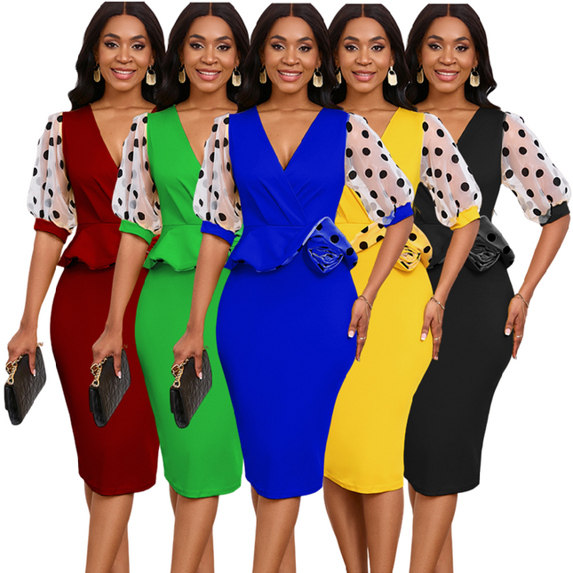 Women’s V Neck Mesh Office Dress Puff Sleeve Polka Dot Pencil Workwear