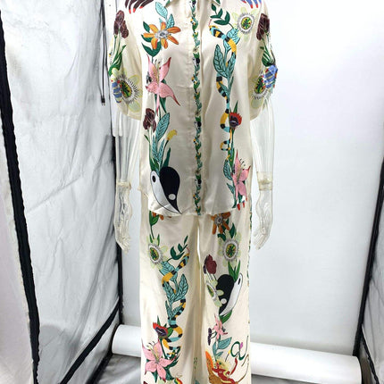 Women's Satin Printed Two Piece Shirt and Wide Leg Trousers Casual Fashion Suit