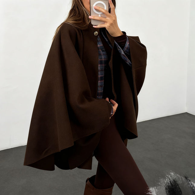 Elegant Women’s Wool Cape Jacket Long Sleeve Stand Collar Short Coat