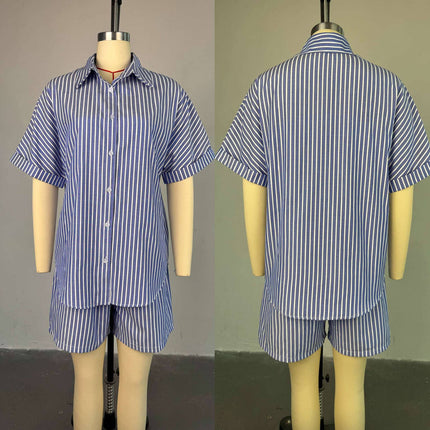 Women’s Blue White Striped Shirt and Wide Leg Shorts Summer Set