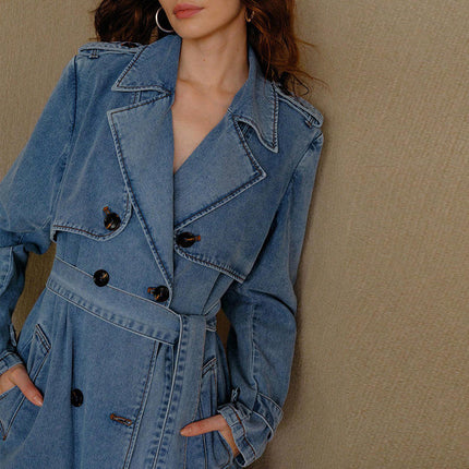 Women’s Double Breasted Denim Trench Coat with Belt V-Neck Long Jacket
