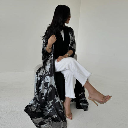 Women's Modest Dubai Abaya Islamic Open Kaftan with Gold Print