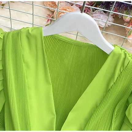 V Neck Puff Sleeve Pleated Blouse for Women Ruffle Lace Up Waist