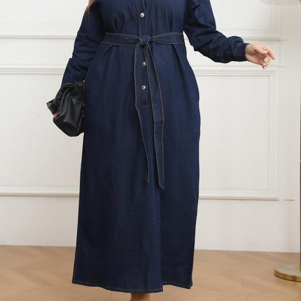 Women’s Plus Size Denim Maxi Dress Casual Long Sleeve Button-Down Autumn